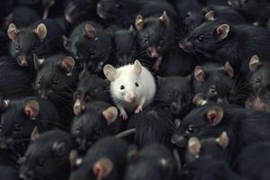 wit muis in een groot groep van zwart knaagdieren foto