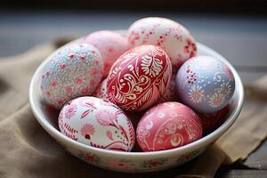geassorteerd hand geschilderd Pasen eieren in kom met traditioneel bloemen foto