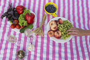 mooi picknick met fruit, groenten en bril van wijn in de buurt meer. foto