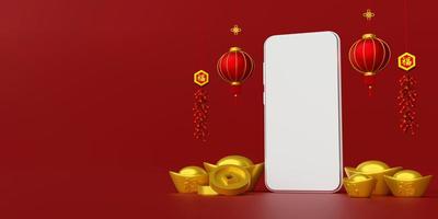 3d illustratie van Chinees Nieuwjaarbanner met Chinese lantaarn, ingots en muntstuk foto