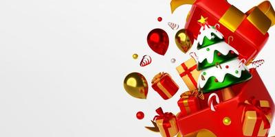 kerstbanner van kerstboom en decoraties verschijnen uit geschenkdoos, 3d illustratie foto