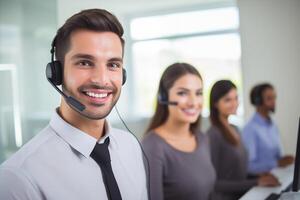 portret van een telefoontje centrum arbeider vergezeld door zijn team. glimlachen klant onderhoud operator Bij werk. foto