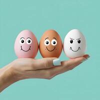 Pasen eetpatroon concept hand- houdt drie eieren met grappig gezichten voor sociaal media post grootte foto