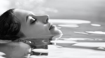 sereen water ontspanning, vredig vrouw drijvend, reflecterende kalmte, monochroom welzijn spa concept foto