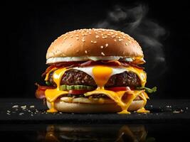 een Hamburger met kaas Aan het is zittend Aan een zwart oppervlakte foto