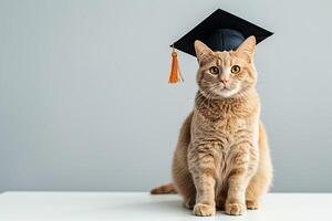 grappig rood kat met diploma uitreiking hoed geïsoleerd Aan wit achtergrond met kopiëren ruimte foto