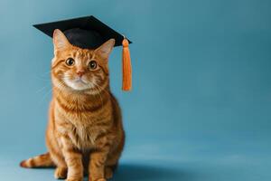 grappig rood kat met diploma uitreiking hoed geïsoleerd Aan blauw achtergrond met kopiëren ruimte foto