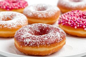 donuts met gepoederd suiker Aan wit bord foto