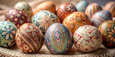 detailopname veel van prachtig geschilderd Pasen eieren, mooi bloemen patroon Pasen eieren foto