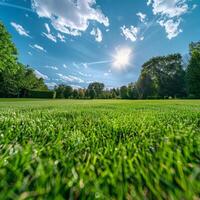 zon schijnend over- met gras begroeid veld- foto