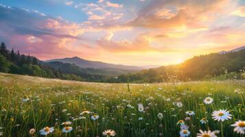 zonsondergang over- wilde bloemen veld- foto