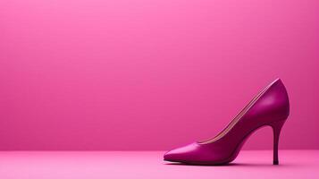 een single elegant gekleurde hoge hakken schoen, perfect gepositioneerd tegen een vlak achtergrond, symboliseert tijdloos mode. foto