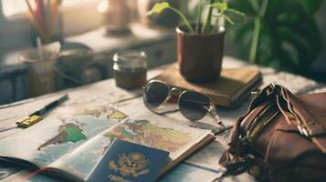 een netjes geregeld samenstelling van reizen benodigdheden, inclusief een leeg gedekt paspoort, zonnebril, en een kaart foto