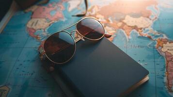 een netjes geregeld samenstelling van reizen benodigdheden, inclusief een leeg gedekt paspoort, zonnebril, en een kaart foto