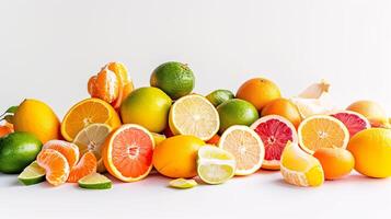 een overvloedig selectie van vers, levendig fruit zijn verspreide kunstzinnig Aan de ongerept wit achtergrond foto