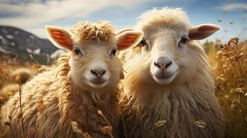 schapen dier paar vriend Aan weide grasland foto
