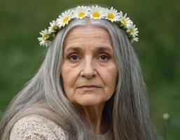 oud vrouw met een krans van wild bloemen. foto