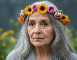 een ouderen vrouw vervelend een krans van bloemen. foto