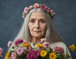 ouderen vrouw met bloemen. foto