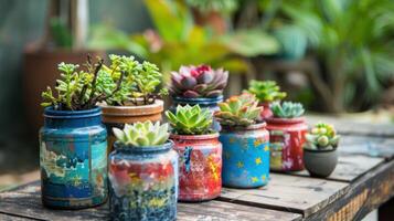 inschrijving planten in kleurrijk keramisch potten Aan een houten tafel foto