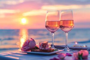 twee bril van drankjes met roos bloemblaadjes Aan een tafel Bij zee strand gedurende zonsondergang foto