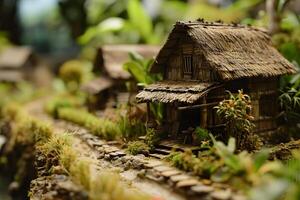 diorama van traditioneel hut huis in dorp, selectief focus foto