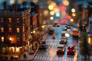 stad centrum diorama met rood lichten en wazig bokeh licht achtergrond foto