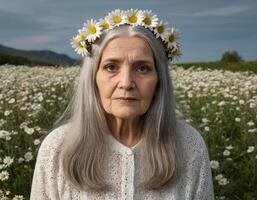 oud vrouw in een bloem veld. foto