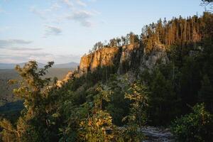 zomer avond hoog in de bergen, Russisch taiga verlichte door zonlicht, stilte tussen de bomen, kalmte van natuur, rots nok, pijnboom bomen foto