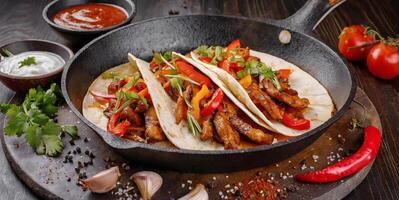 een bord en frituren pan van fajitas met rundvlees taco's, tortilla's en salsa saus foto