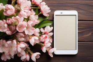 wit smartphone mockup Aan een hout achtergrond met bloemen. apparaat scherm model. foto