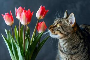 huiselijk gestreept kat met tulpen. . foto