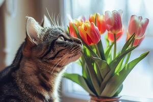 huiselijk gestreept kat met tulpen. . foto