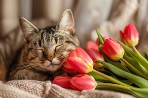 huiselijk gestreept kat met tulpen. . foto