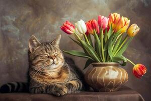 huiselijk gestreept kat met tulpen. . foto