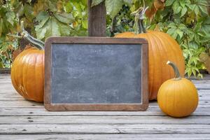 blanco retro leisteen schoolbord teken een rustiek houten dek met pompoenen foto