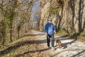 senior Mens is wandelen met een pitbull hond Aan katy spoor in de buurt rocheport, missouri, laat november Woud landschap foto