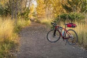 toeren grind fiets Aan een spoor in noordelijk Colorado in vallen landschap foto