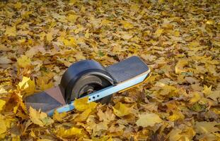 eenwielig elektrisch skateboard in een achtertuin gedekt door goud esdoorn- bladeren foto