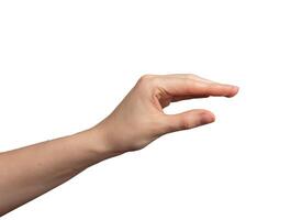 hand- gebaar, vingers tonen iets, Holding klein, weinig geïsoleerd Aan wit. foto