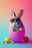 een konijn vervelend een zonnebril komt tevoorschijn van de groot ei met mooi kleurrijk schelpen Aan een vlak kleur achtergrond. foto