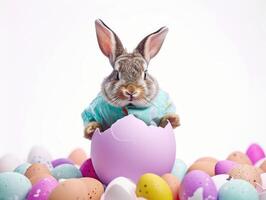 een konijn vervelend een schattig overhemd komt tevoorschijn van de groot ei met mooi kleurrijk schelpen Aan een wit achtergrond. foto