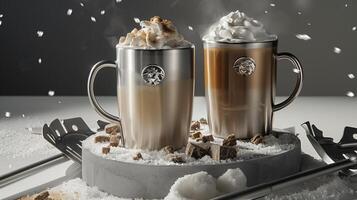 twee roestvrij staal koffie cups met latte en mager heet chocola, zittend Aan top van grijs beton plint. gegenereerd door kunstmatig intelligentie. foto