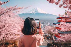 reiziger vrouw nemen een foto Bij chureito pagode en monteren fuji met kers bloesem boom in voorjaar