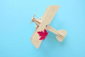klein speelgoedvliegtuig met herfstblad. herfst concept foto