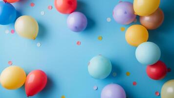 kleurrijk ballonnen en confetti Aan blauw achtergrond. vlak leggen, top visie foto