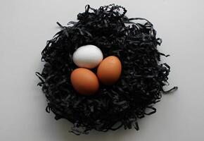 versnipperd papier nest met drie gekleurde kip eieren Aan schoon wit oppervlakte top visie foto