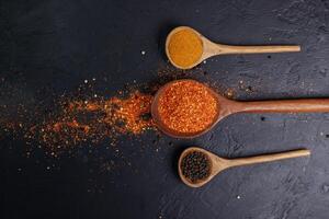 droog pepers met Chili poeder, peper, rood paprika in een houten lepel pittig kruiderij gezond voedsel, top visie foto