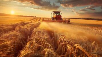 ai gegenereerd foto van oogstmachine werken in een tarwe veld. gegenereerd door kunstmatig intelligentie.