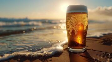 ai gegenereerd een glas van bier dat looks heel koel Aan de strand, zonnig weer. gegenereerd door kunstmatig intelligentie. foto